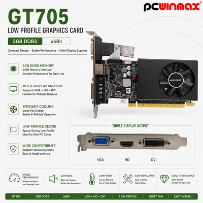 PCWINMAX GT 705 2GB 64Bit GDDR3 Low Profile Single Fan VGA DVI HD Port GPU Cartão Gráfico para Desktop