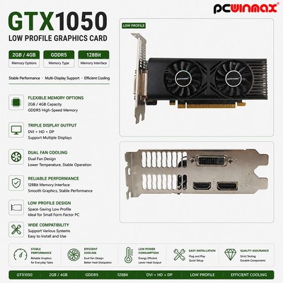 PCWINMAX GTX 1050 Cartão Gráfico para Desktop 2GB 128Bit GDDR5 Low Profile Dual Fan