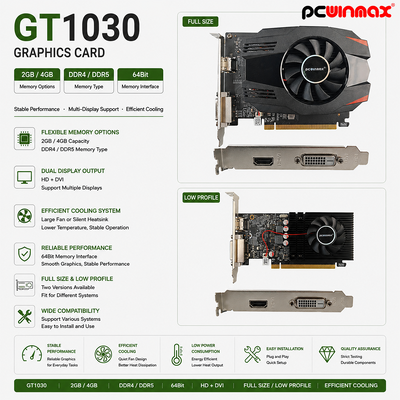 PCWINMAX GT 1030 2GB GDDR5 ATX Cartão Gráfico 64Bit Single Fan HD DVI Cartão de Vídeo Desktop