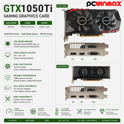 PCWINMAX GeForce GTX 1050 Ti Cartão Gráfico 4GB DDR5 128 Bit Dual Fans 650MHz 1800MHz Frequência 1050Ti Desktop GPU