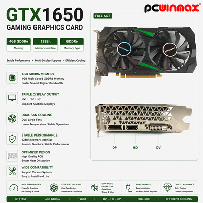 PCWINMAX GeForce GTX 1650 4GB GDRR6 128Bit HD DP DVI Suporte de saída DirectX 12 VR Ready OC Cartão Gráfico