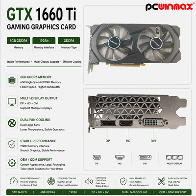 Placa de Vídeo PCWINMAX Geforce GTX 1660 Ti 6GB GPU 192 Bit 1500MHz/1770MHz Memória HD DP DVI 14Gbps