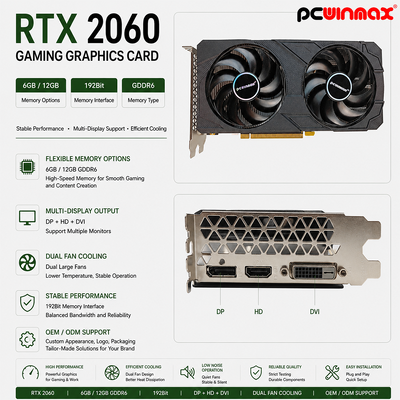 PCWINMAX Geforce RTX 2060 6GB GDDR6 192Bit 1680MHz Cartão Gráfico de Jogo Dual-Fan com HD/DP/DVI em estoque para construção de computadores de mesa