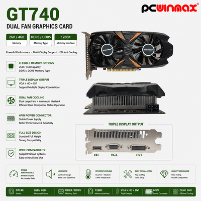 PCWINMAX Original GeForce GT 740 2GB GDDR5 128Bit Dual Fan Desktop VGA HD DVI Cartão Gráfico